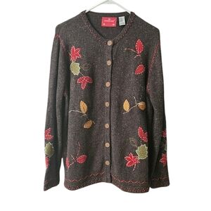 Holiday Lodge by Northcrest Women's Embroidered Cardigan 1X Leaves Fall